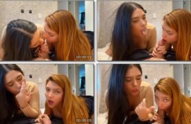 Ester Muniz e Brida Nunes bebendo leite enquanto fazem sexo oral