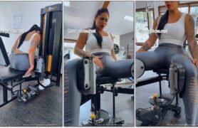Anny Alves tendo uma empolgação durante o treino na academia