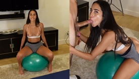 Izzy Green faz um boquete para o cara enquanto se estica em cima da bola de pilates e recebe uma gozada na boca