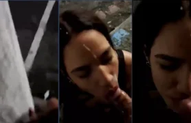 Flagra de uma mulher amadora fudendo gostoso oral e recebendo esperma no rosto em público