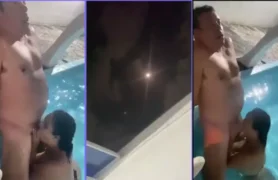 Vídeo caseiro mostra mulher safada fudendo gostoso oral em seu marido acima do peso na área da piscina
