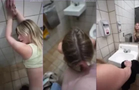 Vídeo picante vazou! Loira se divertindo e se esbmorrando no banheiro